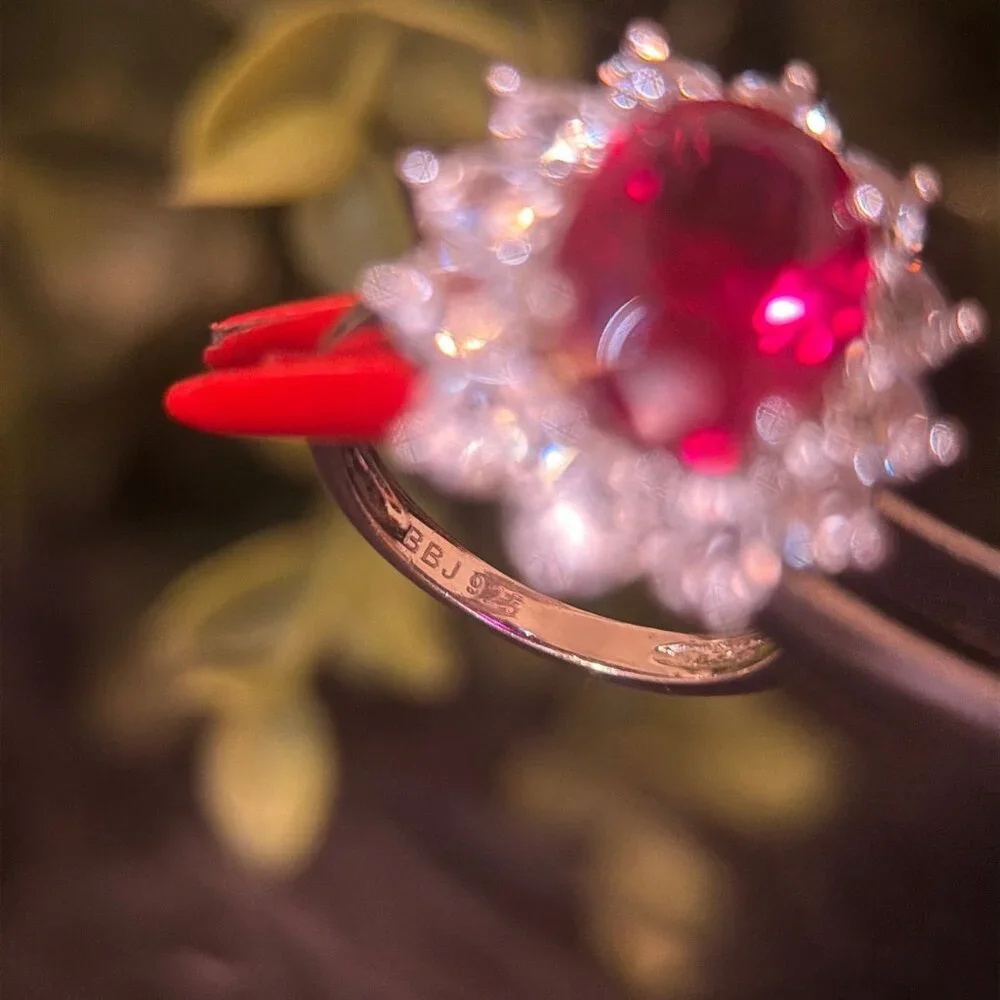 Sterling Silver Ruby/Cz Flower‎ Ring